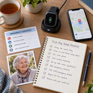 GPS tracker watch setup checklist with charging dock, smartphone, emergency contacts, and recent photograph.