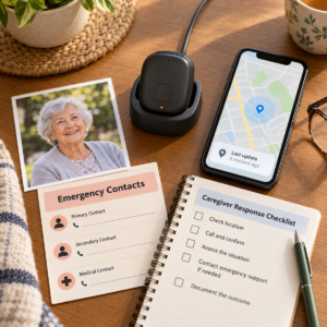 Personal GPS tracker, charger, smartphone, recent photograph, and caregiver response checklist prepared for testing.