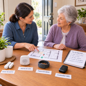 Caregiver checking an elderly wandering alarm, batteries, alert receiver, clear path, and response card.