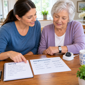 Caregiver and older adult reviewing an alert bracelet charging routine and a written test log.
