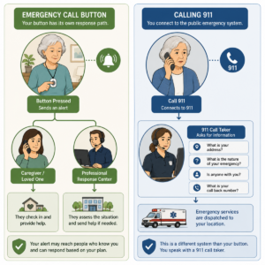 Comparison showing an emergency call button response path beside a separate 911 call with location questions.