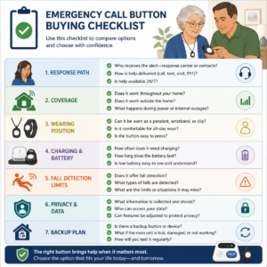 Buying checklist for an emergency call button covering response, coverage, fit, charging, privacy, and backup.