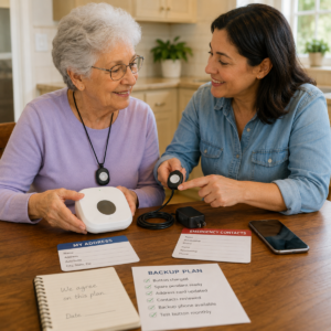 Older adult and helper reviewing an emergency call button charger, address card, contacts, and backup plan.