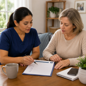 Caregiver reviewing a written job-duty list with a supervisor.