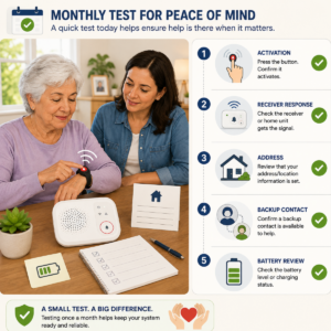 Caregiver observes an older adult testing an emergency call button with a readiness checklist.