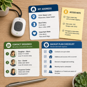 Emergency call button beside an address card, contact sequence, access note, and backup checklist.