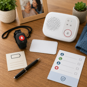 Emergency call button beside a receiver and blank address card in a senior’s home.