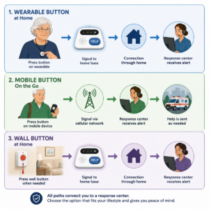 Diagram comparing home, mobile, and wall emergency call button paths for an older adult.