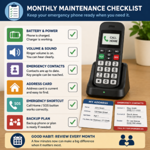 Emergency phone maintenance checklist showing battery, volume, contacts, address, and backup checks.