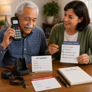 Older adult practices an emergency phone call while a caregiver checks a blank readiness card.