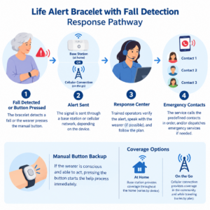 Diagram showing how an emergency bracelet alert travels from the wearer to a response service and emergency contacts.