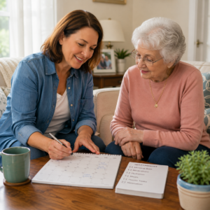 Family caregiver and older adult reviewing a home routine calendar together.