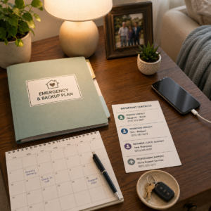Emergency contact folder and calendar prepared for a family home caregiver backup plan.