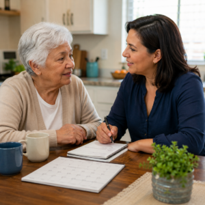Older adult and family caregiver discussing a home support plan at a kitchen table.