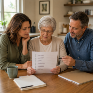 Older adult and family reviewing a private caregiver support plan.