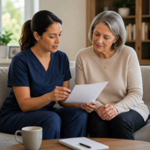 Private caregiver and family contact reviewing a care update.