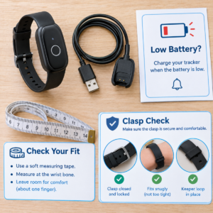 GPS tracker bracelet, charger, wrist-measuring tape, and clasp checklist for an older adult.