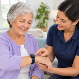 Older adult and caregiver checking the fit and controls of a GPS tracker bracelet.