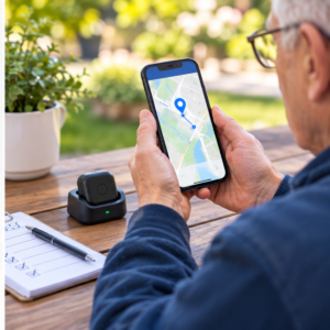 Caregiver checking a GPS tracker device for elderly users, charging status, location timestamp, and emergency response checklist.