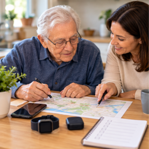 Older adult and caregiver discussing a safety goal before choosing a GPS tracker device for elderly care.