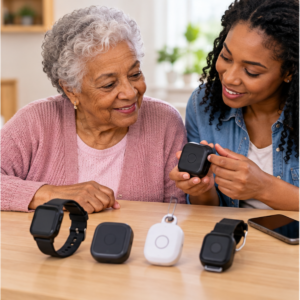 gps-trackOlder adult and caregiver comparing wearable GPS tracker options, comfort, and privacy preferences