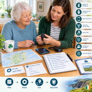 Caregiver checking GPS tracker for an older adult in Ireland battery, attachment, app, network plan, consent, route test, and emergency information.