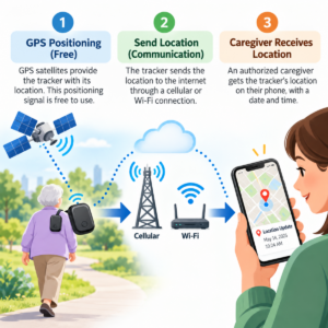 Diagram showing how a GPS tracker for elderly users with no monthly fee sends location information through a smartphone or network to a caregiver.