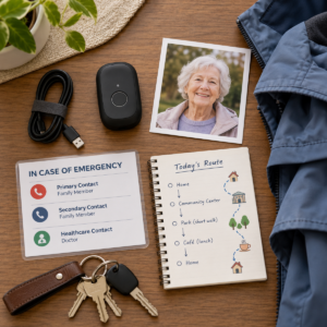 GPS tracker and printed emergency contact card prepared for an older adult’s outing.