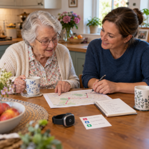 Older adult and caregiver discussing a GPS tracker safety plan together.