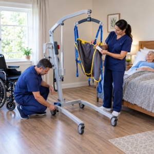 Two caregivers checking a patient lift, sling label, wheelchair, and clear transfer route before moving an older adult.