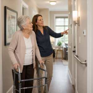 Older adult and family member checking accessibility in an independent living apartment hallway.