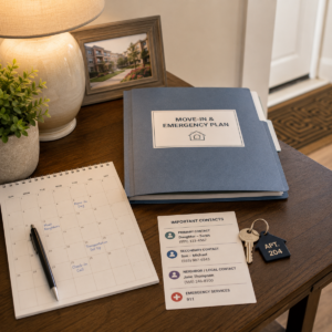Emergency contact plan and apartment key prepared for an independent living resident.