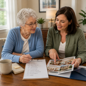 Older adult and family member reviewing priorities for independent living apartments.