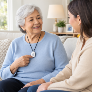 Older adult wearing an Iris Ally Medical Alert Device in a bright living room with a family member nearby