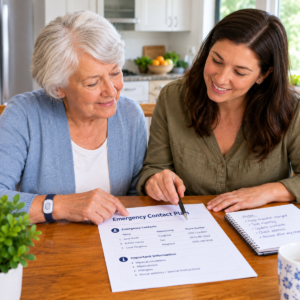 Life Alert Bracelet with Fall Detection Older adult wearing an emergency alert bracelet while reviewing a written response plan with a family member.
