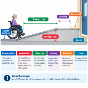 Diagram labeling vertical rise, ramp run, landing, and threshold for a wheelchair ramp