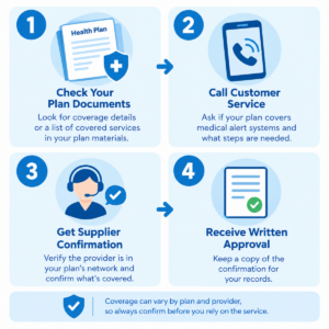 Four-step diagram for confirming health-plan coverage for an emergency response service.