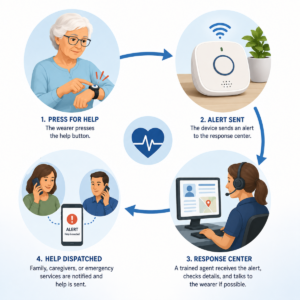 Diagram showing a senior pressing a medical alert device and the alert moving to a response service and emergency contacts.