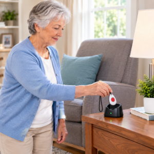 Older adult fastening an unbranded Medical Id Bracelet with Qr Code