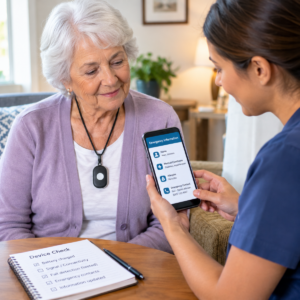 Older adult wearing a medical alert device with fall detection: a practical guide while a caregiver checks the emergency information.