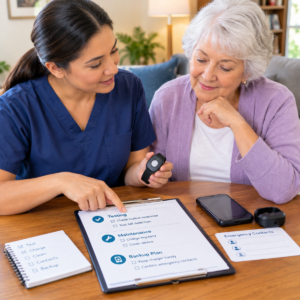 Caregiver and older adult reviewing the testing, maintenance, and backup plan for a medical alert device with fall detection: a practical guide.