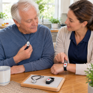 Older adult comparing a pendant and wrist-worn medical alert button with a caregiver.