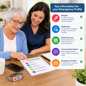 Checklist showing the types of emergency information to keep current for a medical ID bracelet.