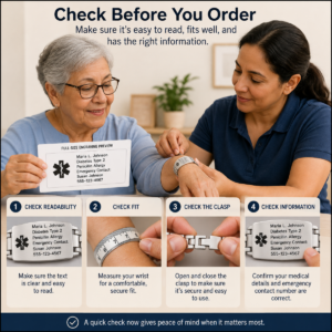 Older adult and caregiver checking engraving readability, bracelet fit, clasp, and emergency contact information.