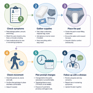 Six-step caregiver checklist for symptom review, supplies, pad placement, movement check, changing, and follow-up.