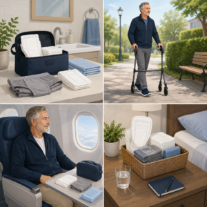 Four everyday situations showing a private incontinence-pad change kit, walking support, travel supplies, and bedside preparation.