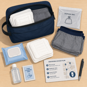 Compact travel kit with clean incontinence pads, spare underwear, disposal bag, and restroom planning card.
