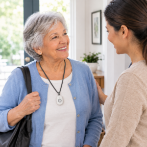 Older adult wearing an emergency pendant while talking with a family member at home.