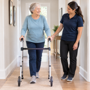 Older adult walking upright with a properly fitted two-wheel walker while a physical therapist observes.