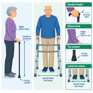 Diagram showing safe handle height, elbow bend, cane tip contact, and position inside a walker frame